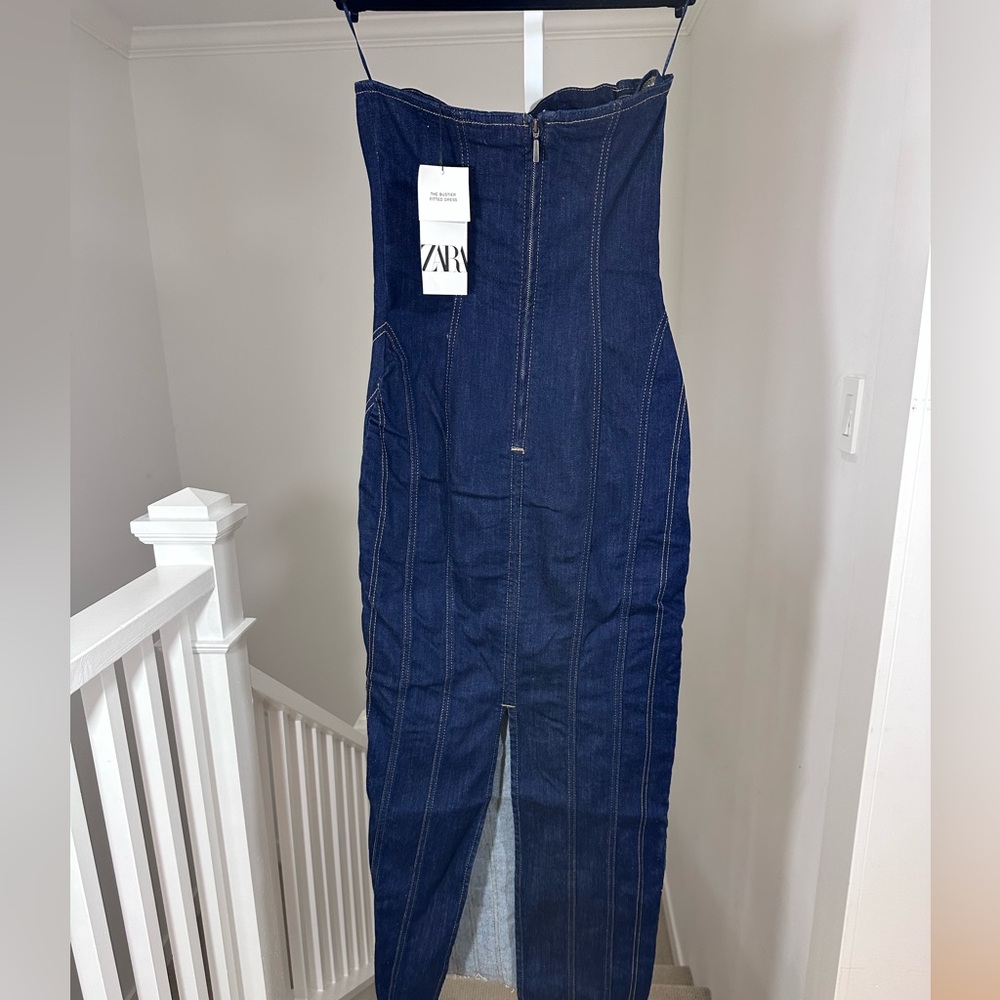 NWT Zara Blue Denim Midi Bustier Corset Party Dress Medium - Picture 10 of 16